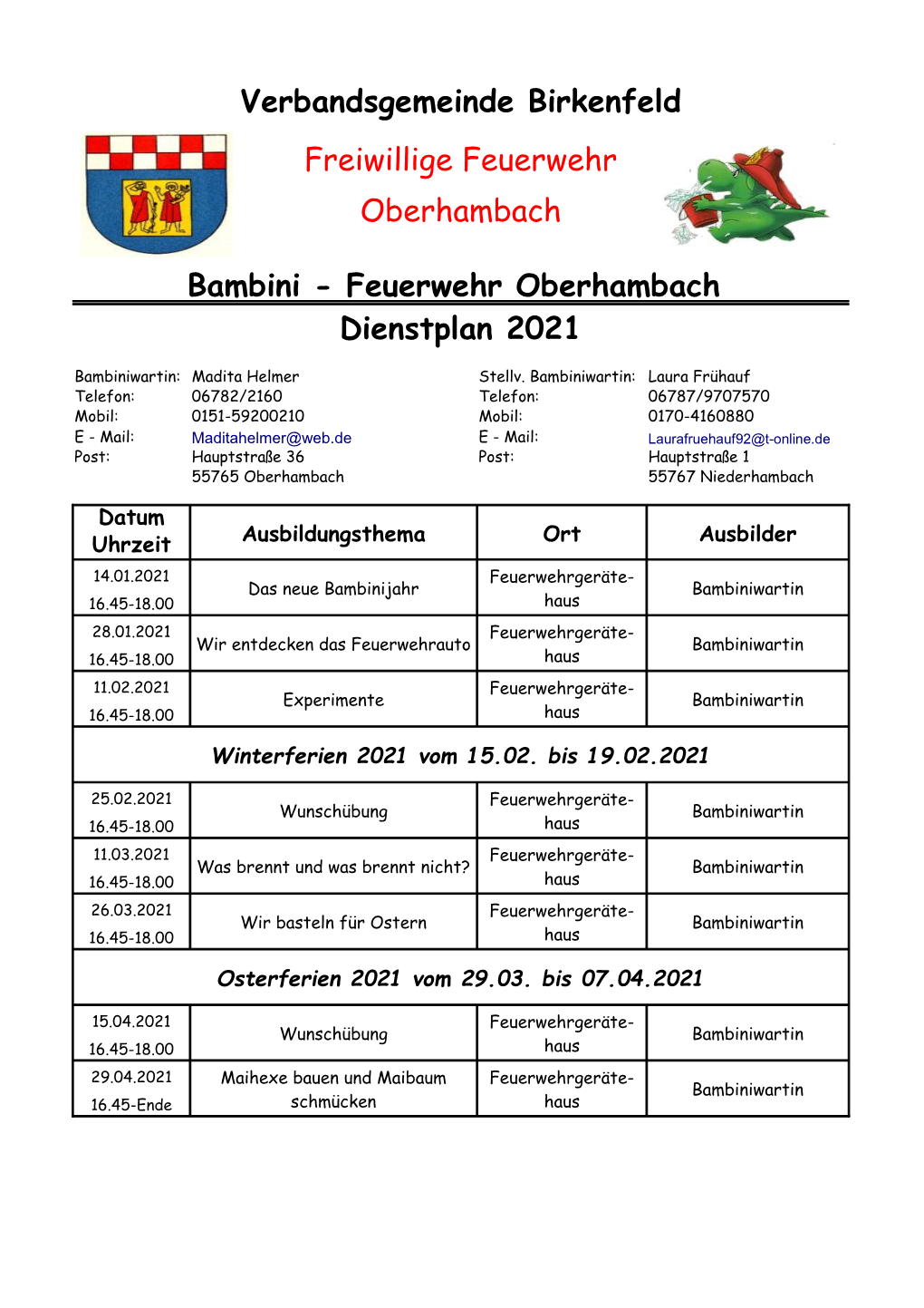 Bambini - Feuerwehr Oberhambach Dienstplan 2021