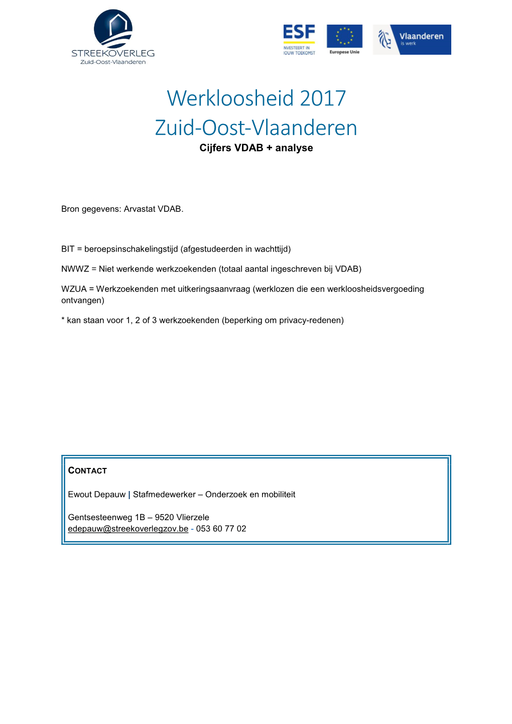 Werkloosheid 2017 Zuid-Oost-Vlaanderen Cijfers VDAB + Analyse