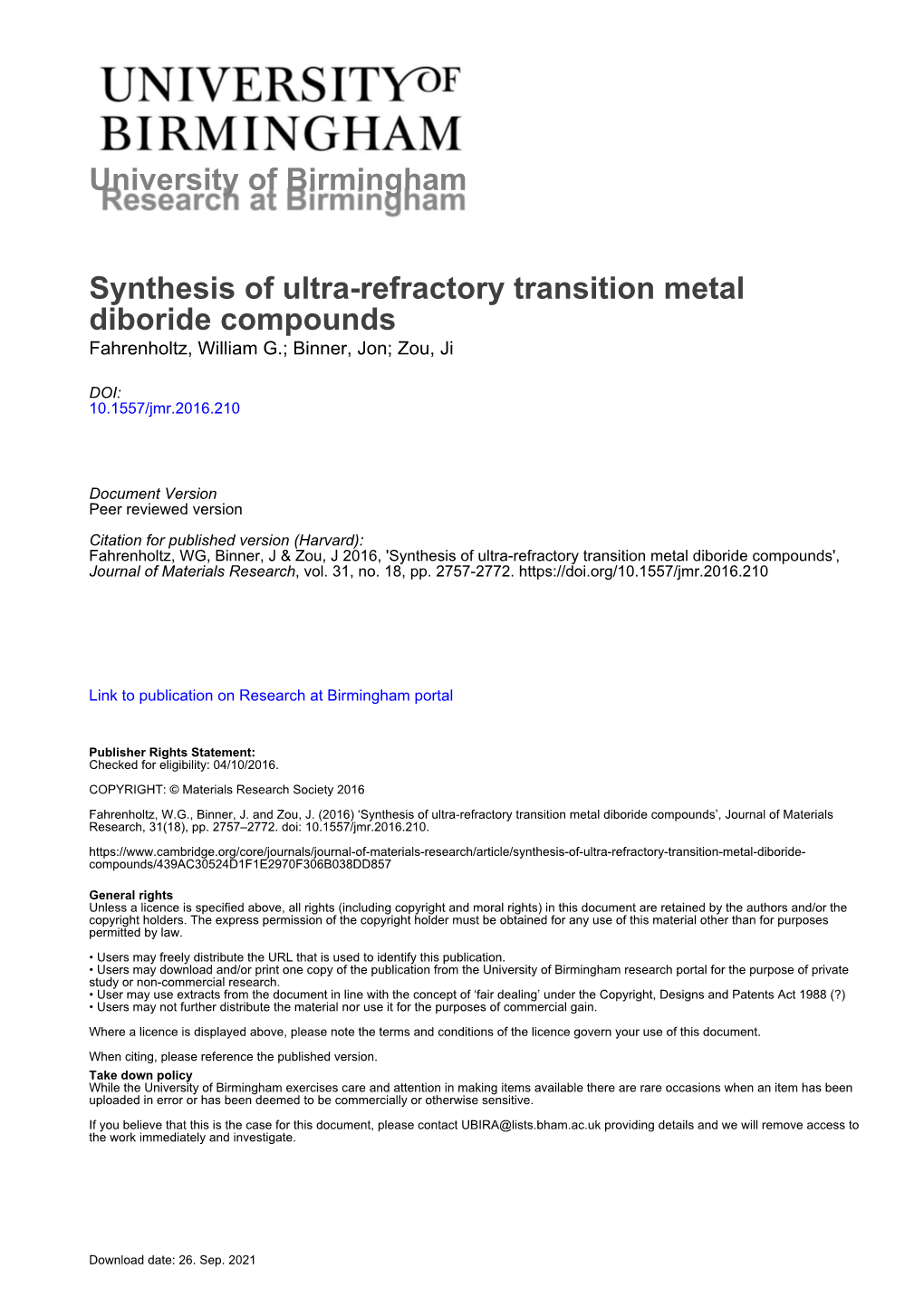 Synthesis of Ultra-Refractory Transition Metal Diboride Compounds Fahrenholtz, William G.; Binner, Jon; Zou, Ji