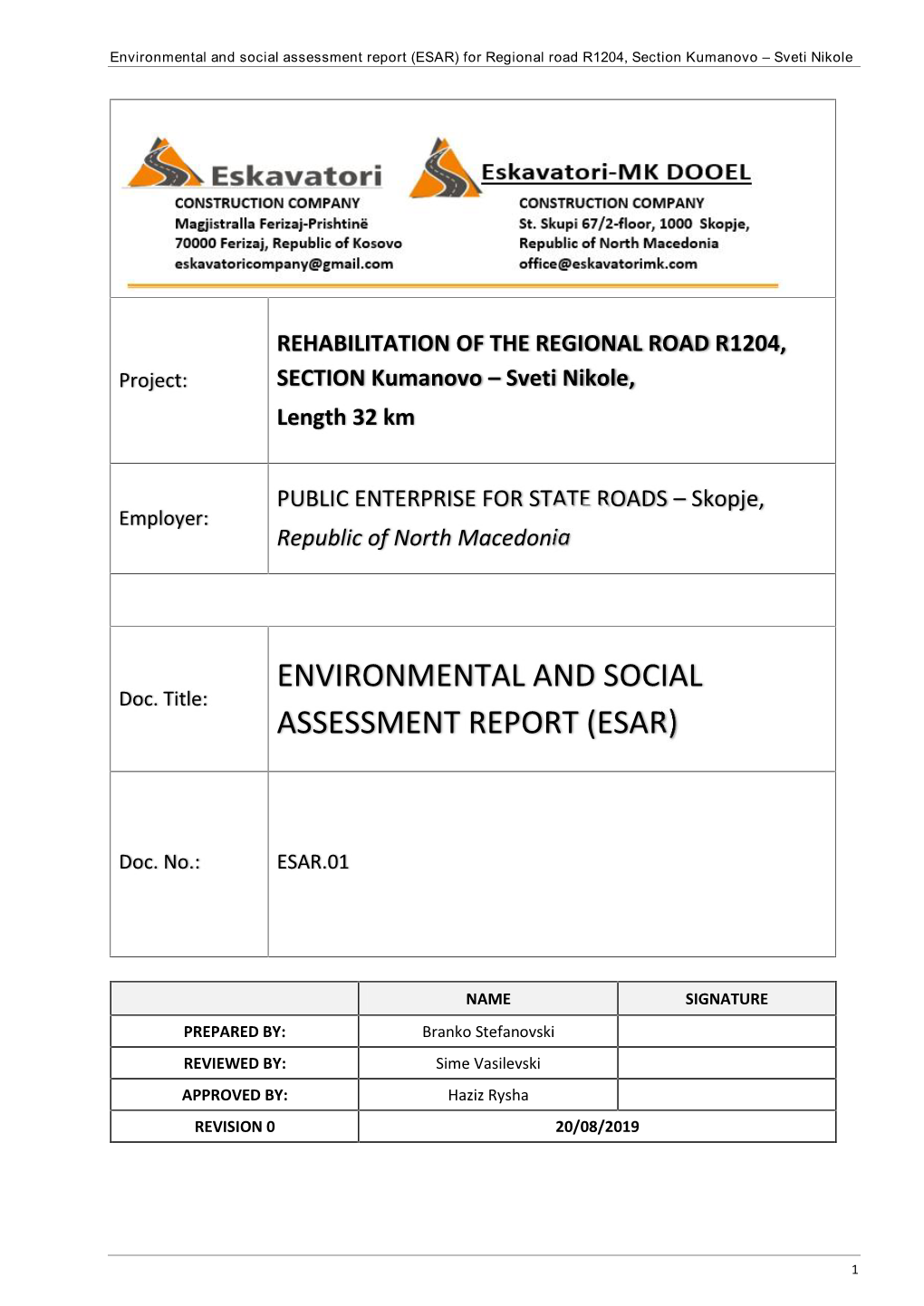 Environmental and Social Assessment Report (ESAR) for Regional Road R1204, Section Kumanovo – Sveti Nikole