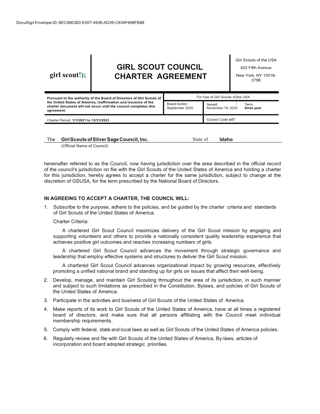 Girl Scout Council Charter Agreement
