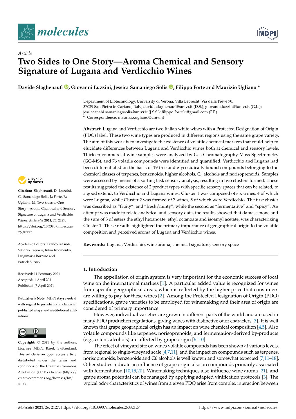 Two Sides to One Story—Aroma Chemical and Sensory Signature of Lugana and Verdicchio Wines