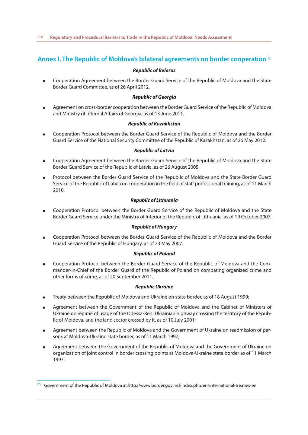 Annex I. the Republic of Moldova's Bilateral Agreements on Border