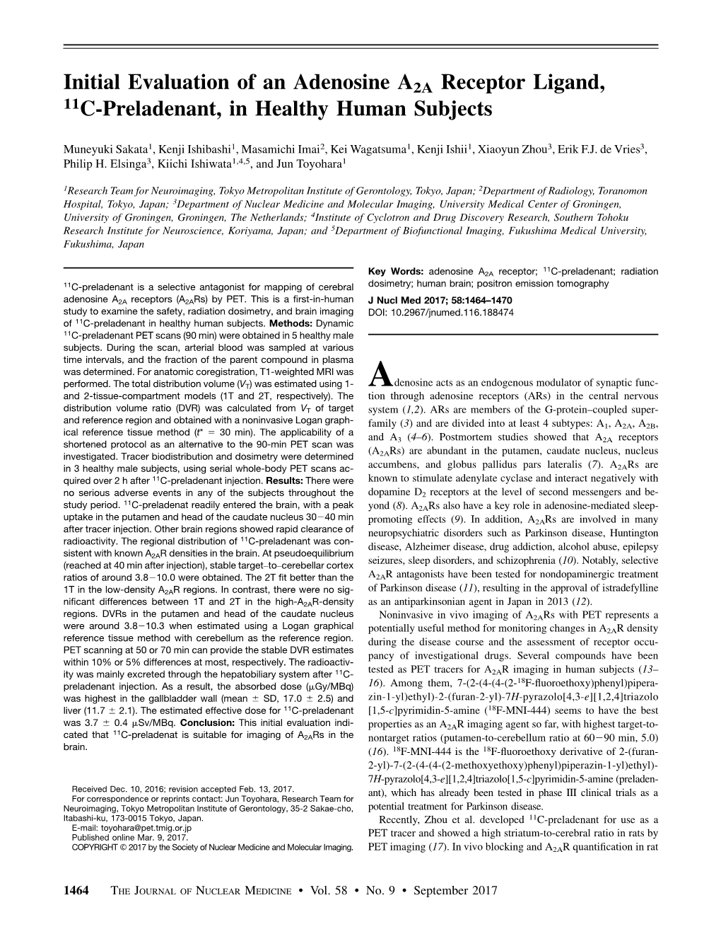 Initial Evaluation of an Adenosine A2A Receptor Ligand, 11C-Preladenant, in Healthy Human Subjects