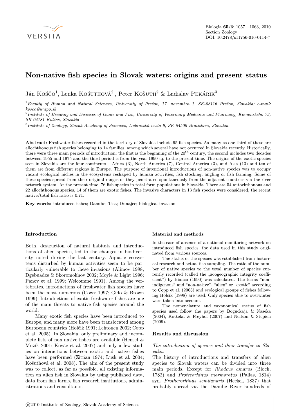 Non-Native Fish Species in Slovak Waters