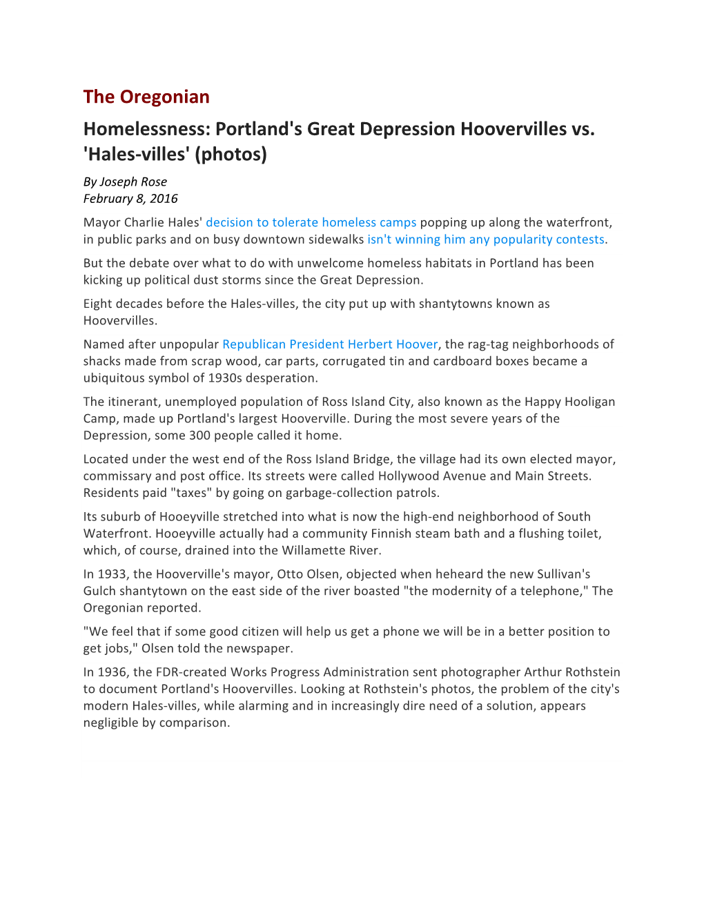 The Oregonian Homelessness: Portland's Great Depression Hoovervilles Vs