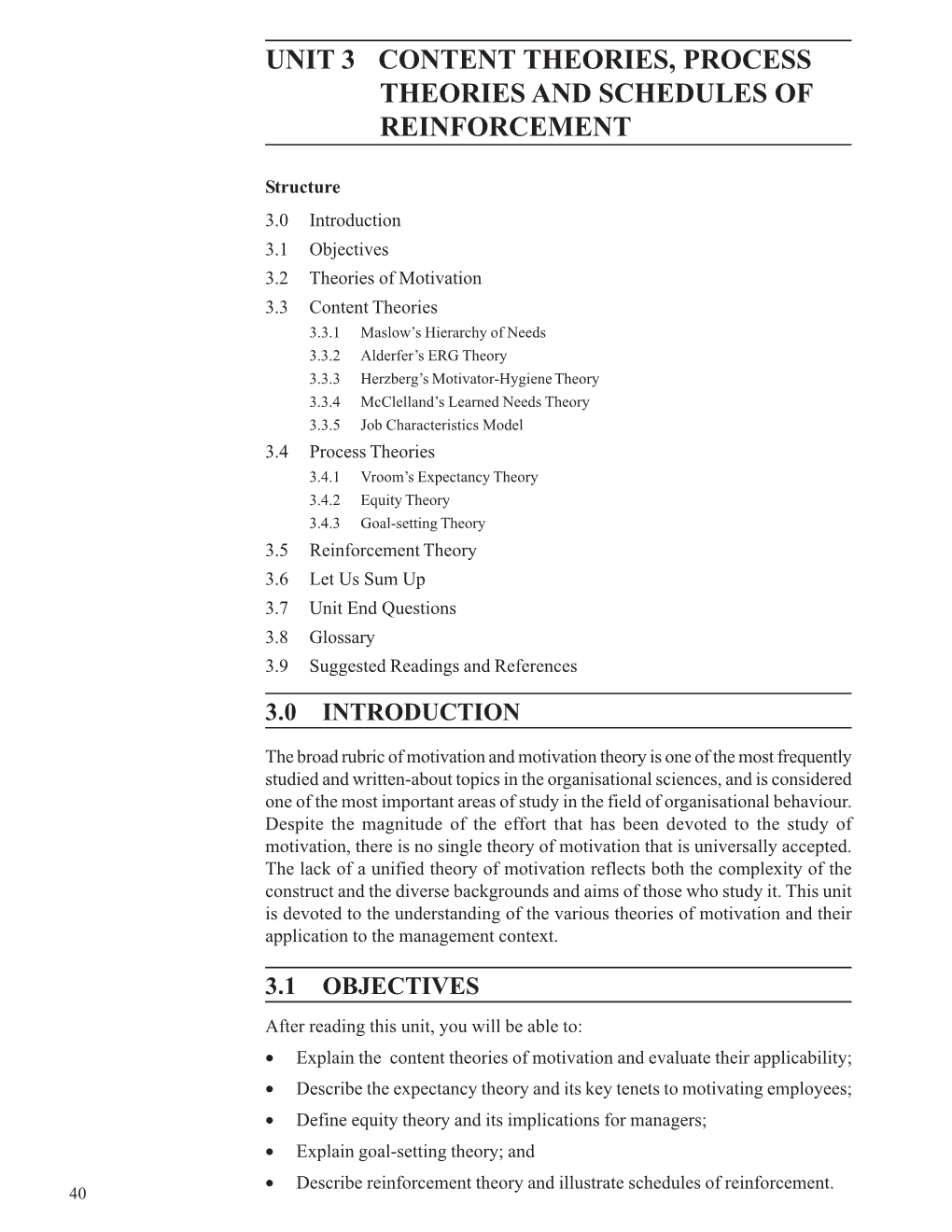 Unit 3 Content Theories, Process Theories and Schedules of Reinforcement