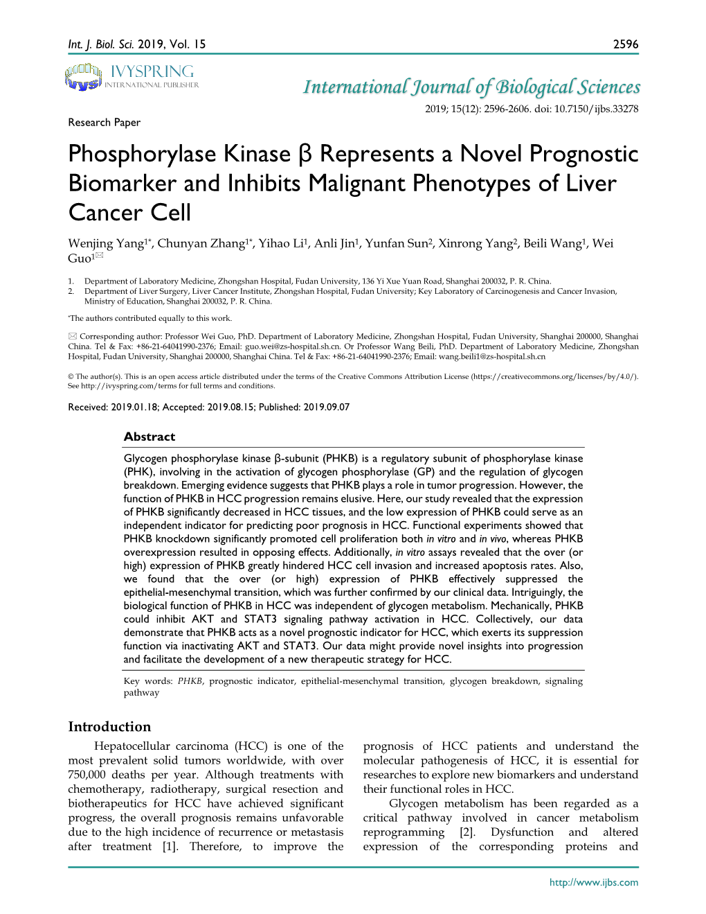 Phosphorylase Kinase Β Represents a Novel Prognostic Biomarker And