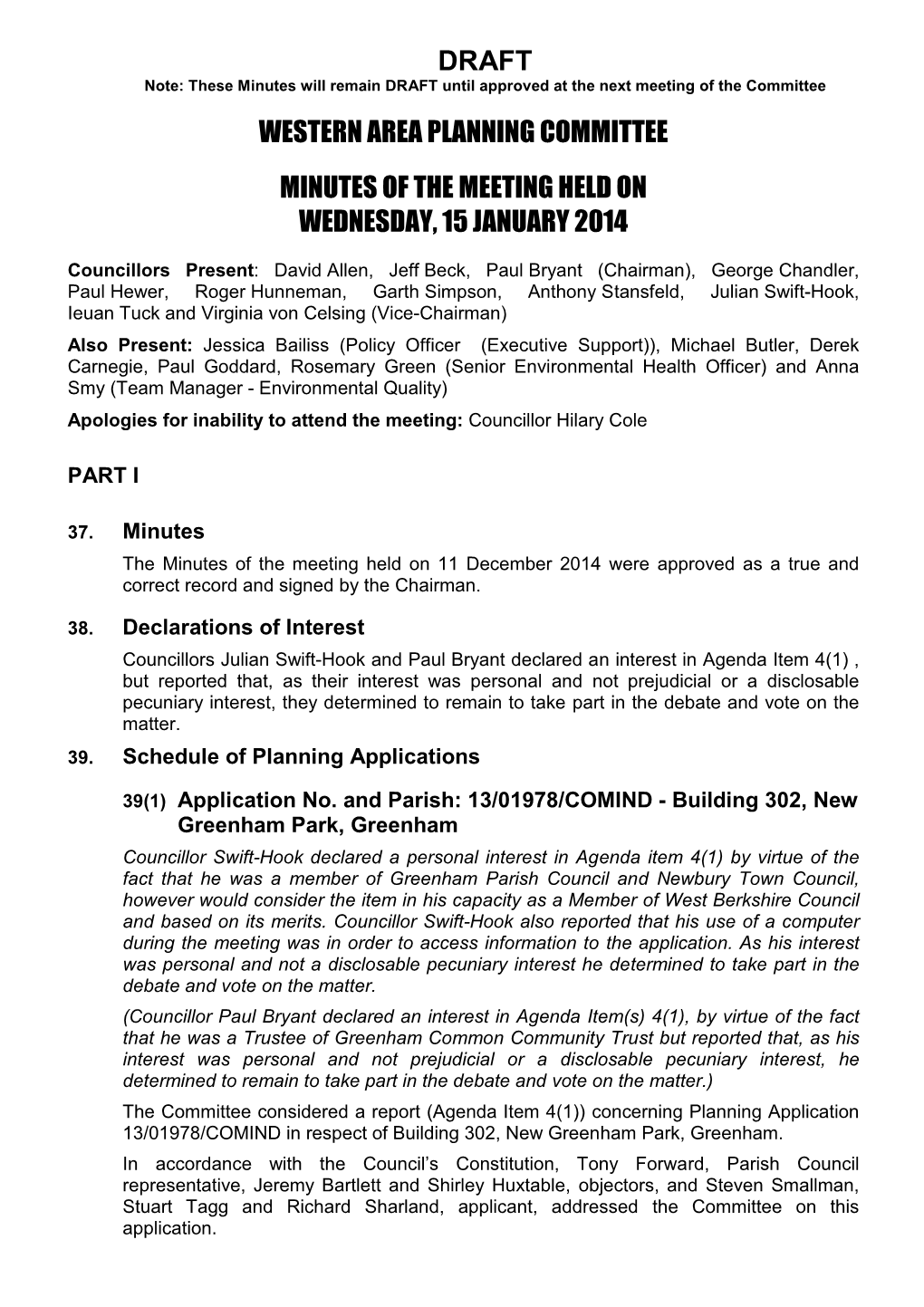 Draft Western Area Planning Committee Minutes of The