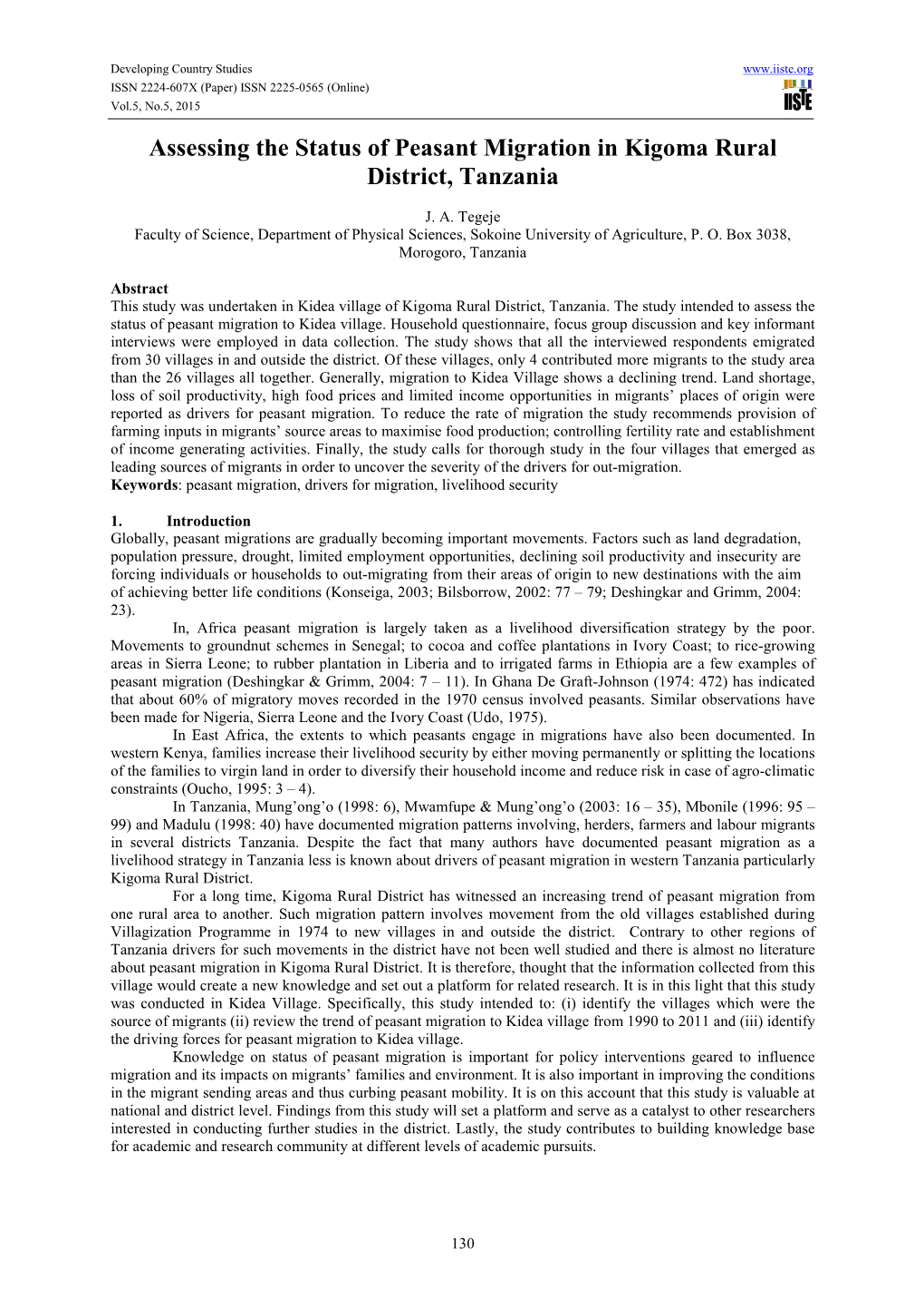 Assessing the Status of Peasant Migration in Kigoma Rural District, Tanzania