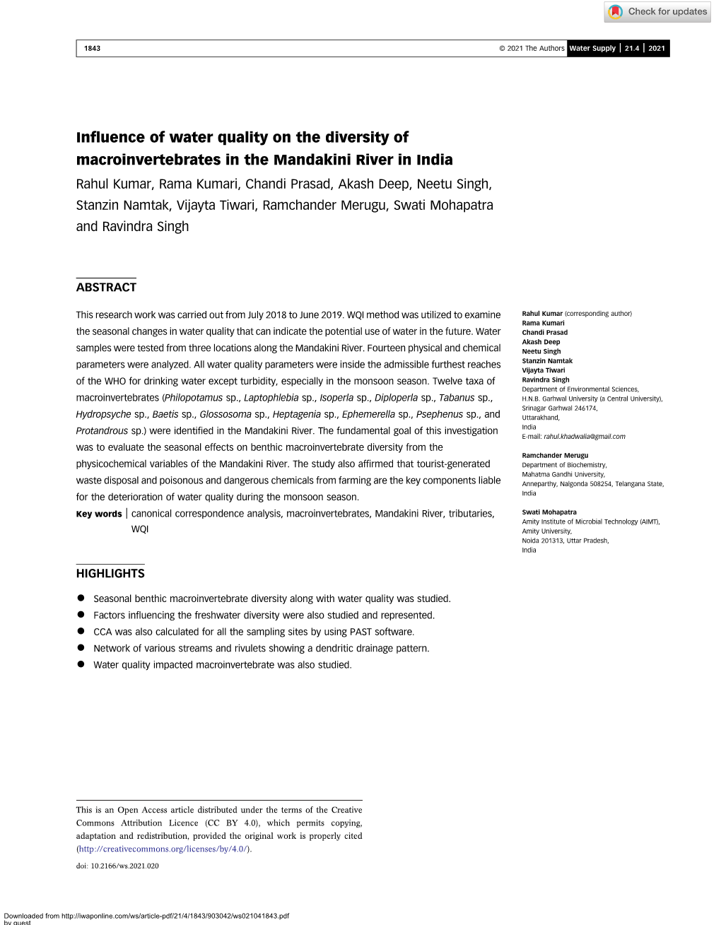 Influence of Water Quality on the Diversity Of