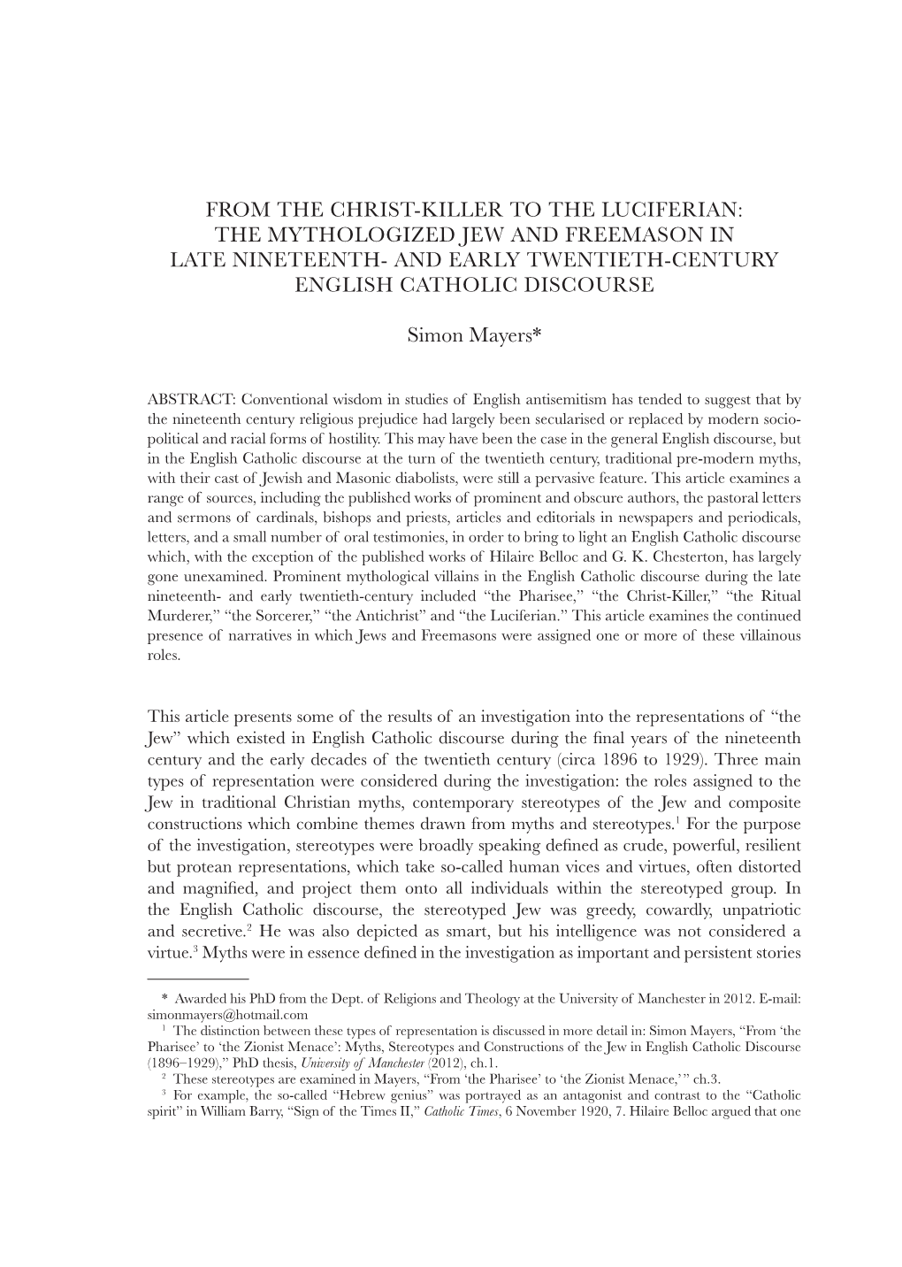 From the Christ-Killer to the Luciferian: the Mythologized Jew and Freemason in Late Nineteenth- and Early Twentieth-Century English Catholic Discourse