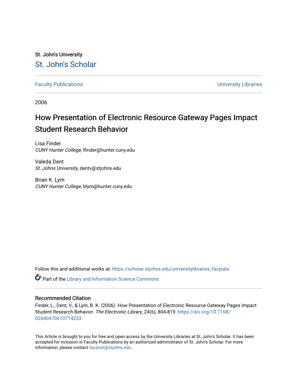 How Presentation of Electronic Resource Gateway Pages Impact Student Research Behavior