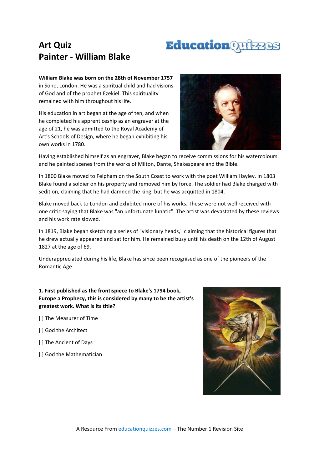 Art Quiz Painter William Blake