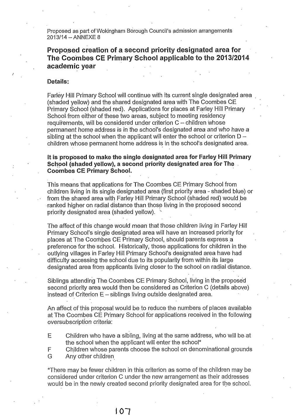 Proposed Creation of a Second Priority Designated Area for the Coornbes CE Primary School Applicable to the 201312014 Academic Year