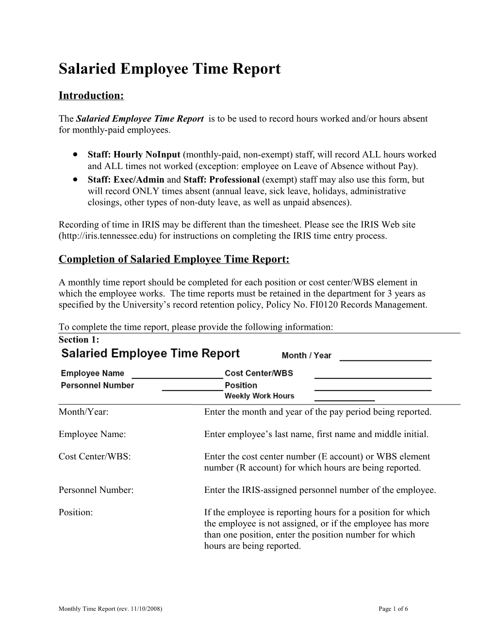 Monthly Time Report Instructions