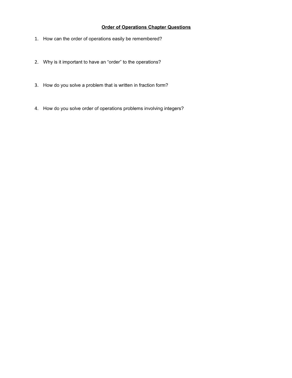 Order of Operations Chapter Questions
