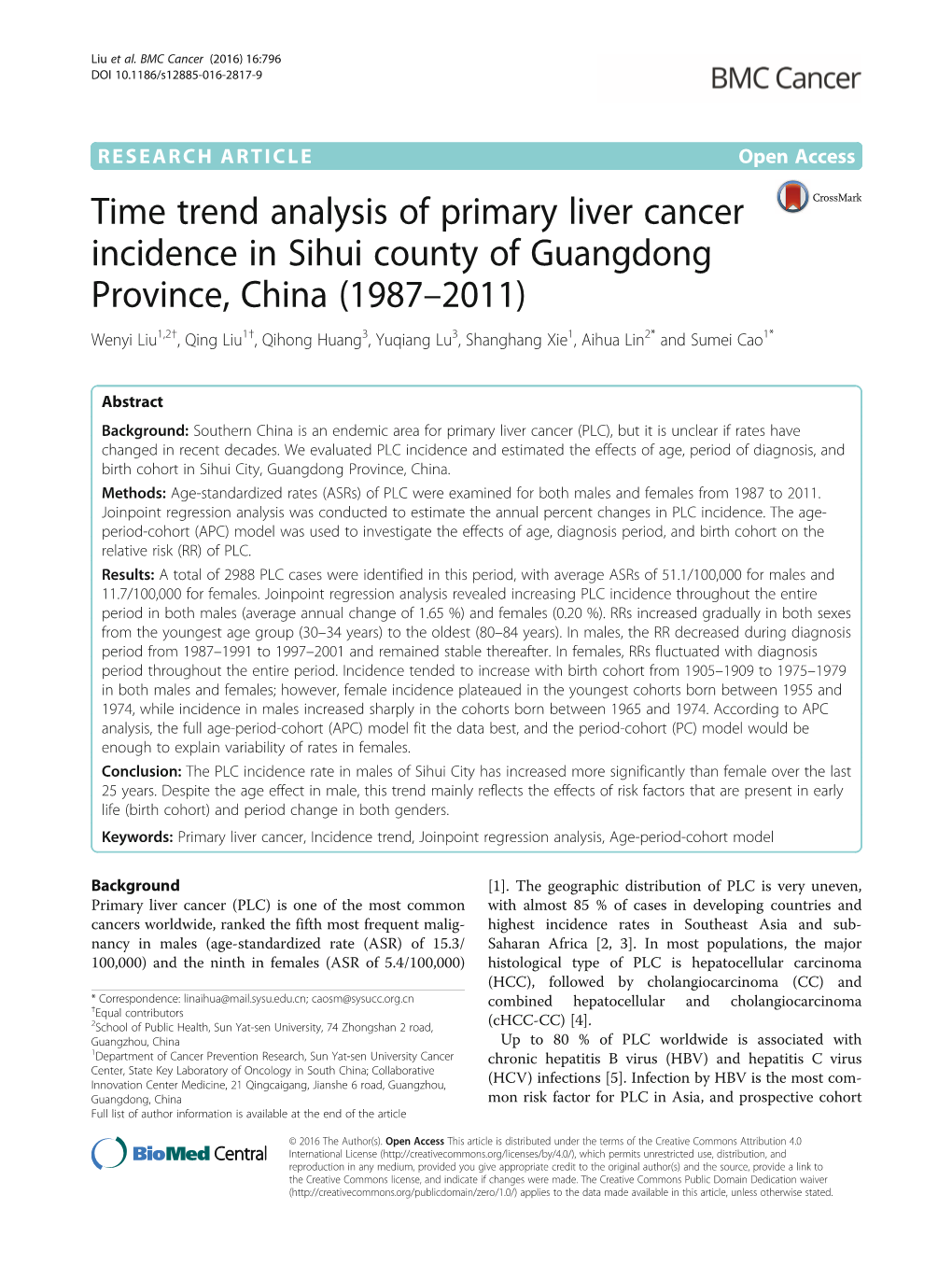 Time Trend Analysis of Primary Liver Cancer Incidence in Sihui County of Guangdong Province, China