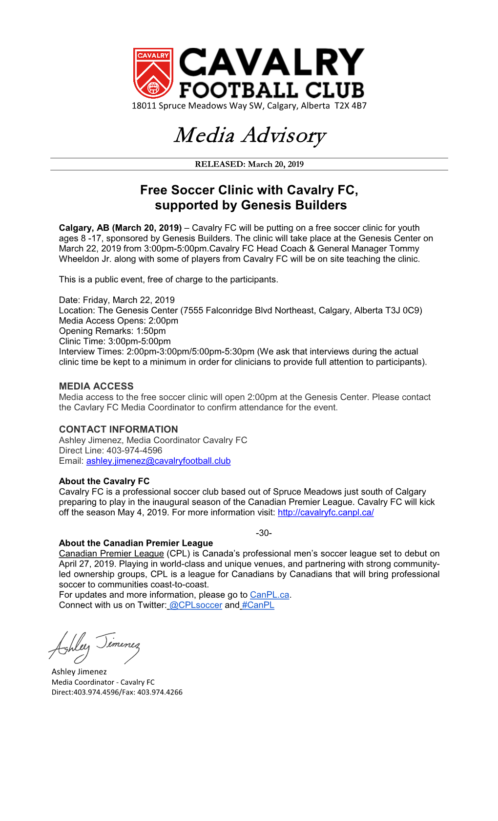 Free Soccer Clinic with Cavalry FC, Supported by Genesis Builders