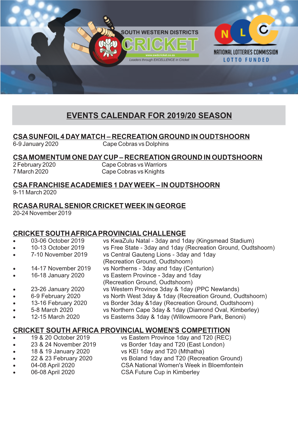 SWD Cricket Events Calendar