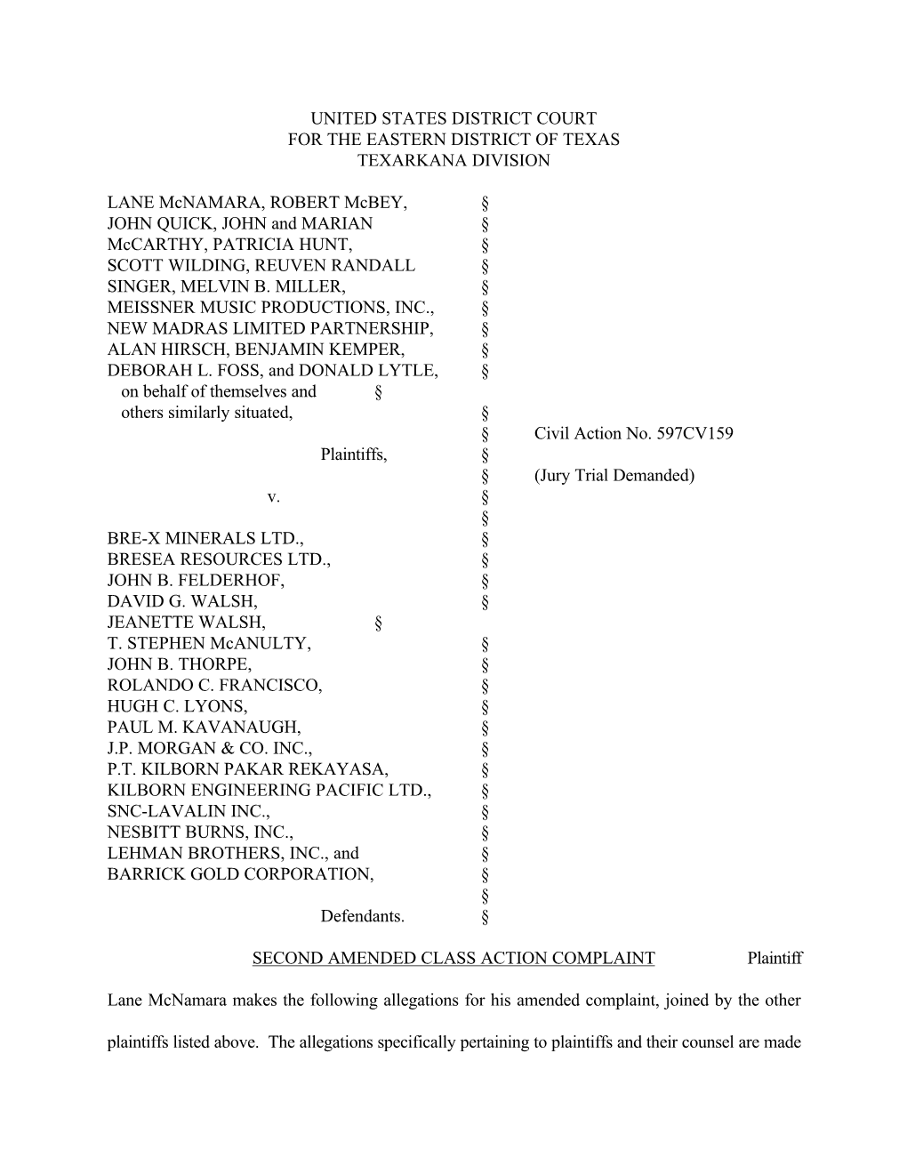 Lane Mcnamara, Et Al. V. Bre-X Minerals Ltd., Et Al. 97-CV-159