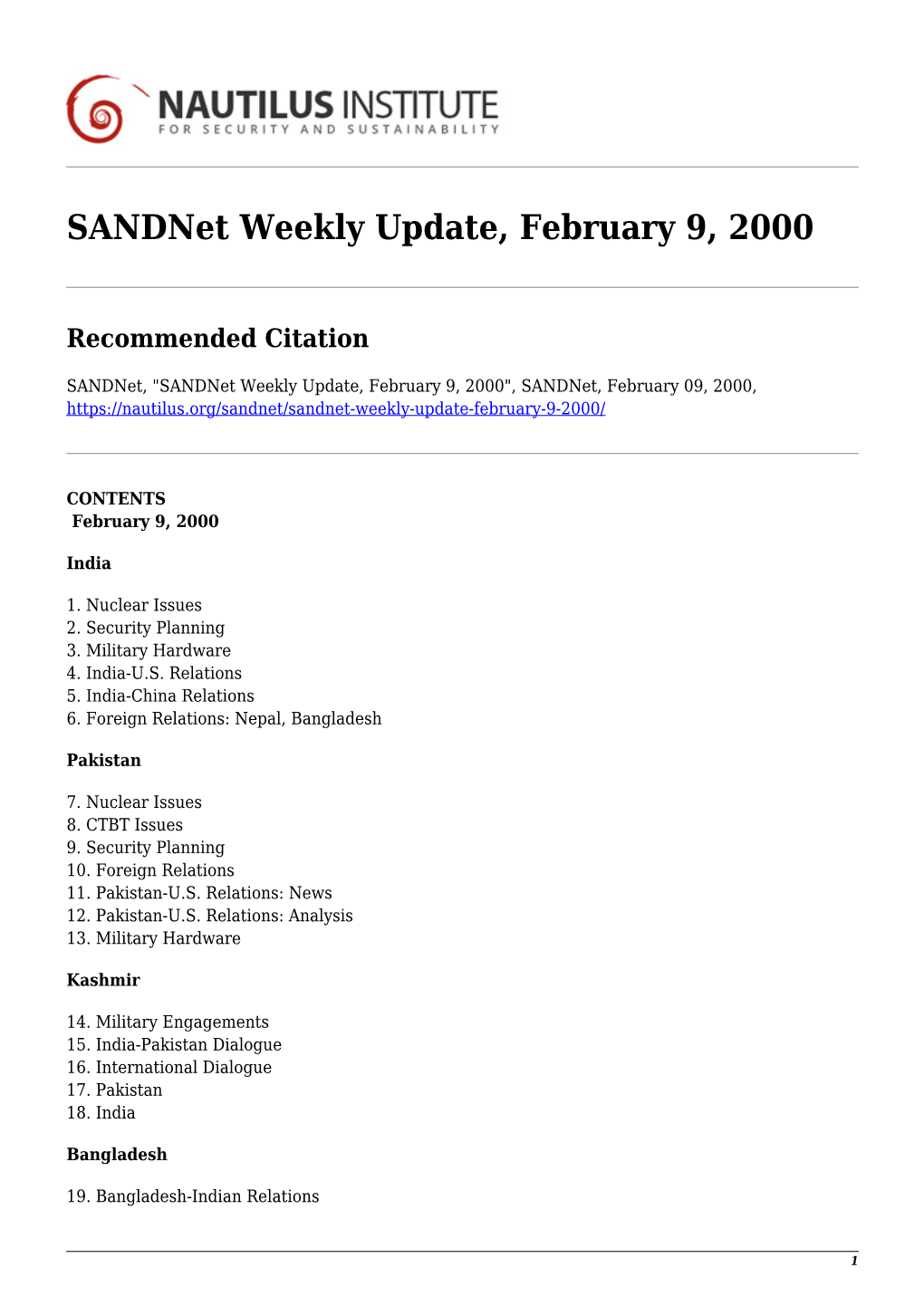 Sandnet Weekly Update, February 9, 2000