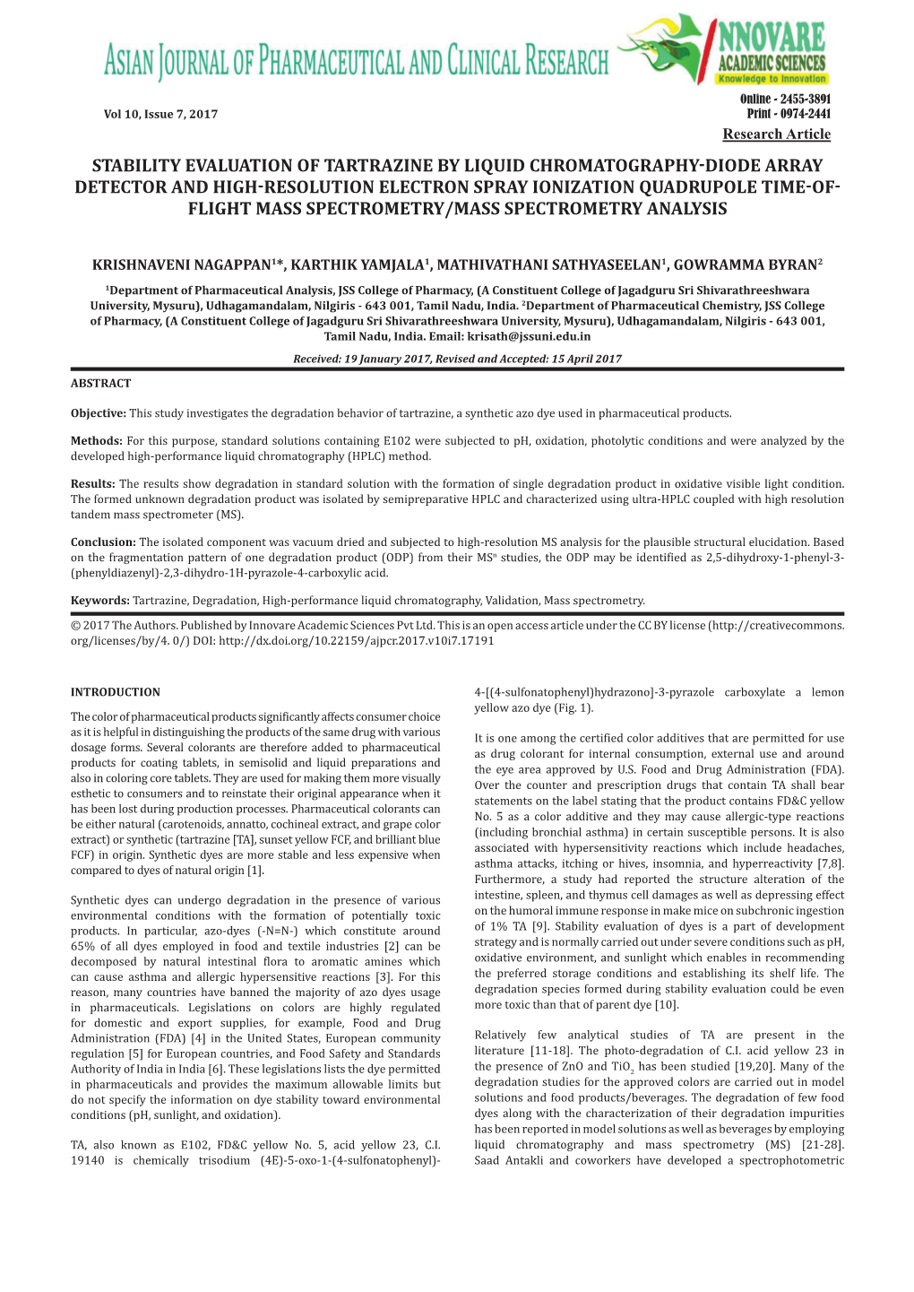 Stability Evaluation of Tartrazine by Liquid Chromatography-Diode Array