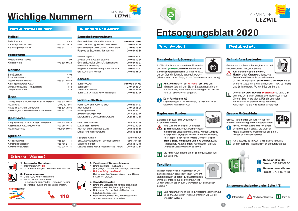 Entsorgungsblatt 2020 Wichtige Wichtige Nummern