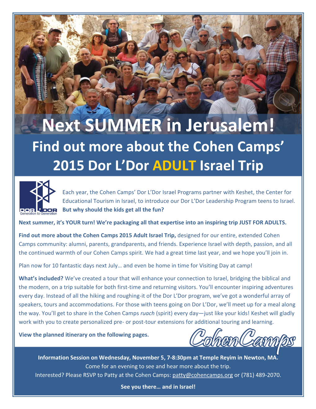Next SUMMER in Jerusalem! Find out More About the Cohen Camps’ 2015 Dor L’Dor ADULT Israel Trip