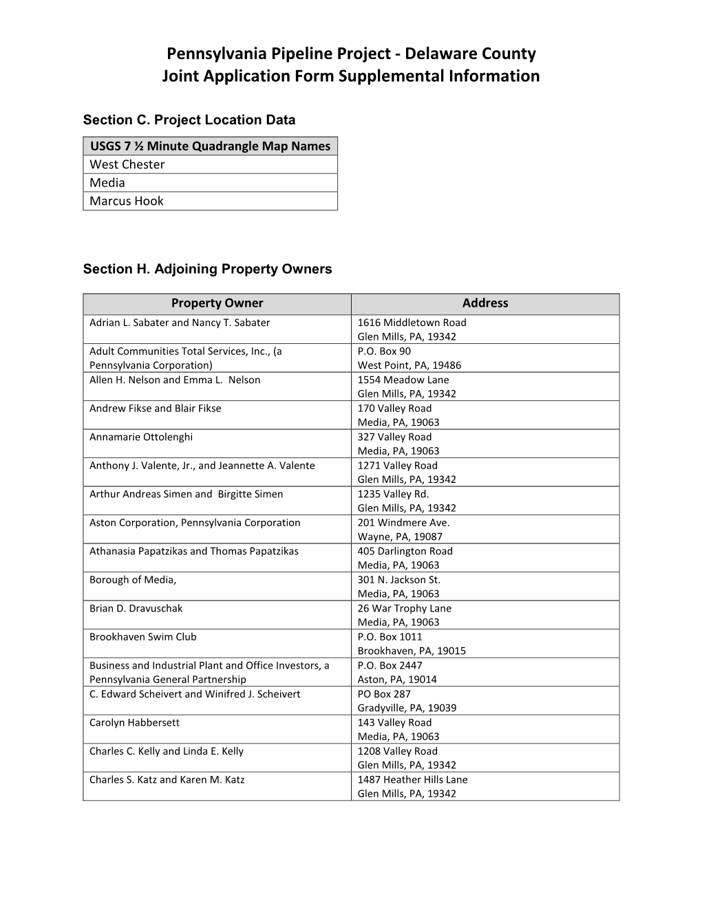 Delaware County Joint Application Form Supplemental Information