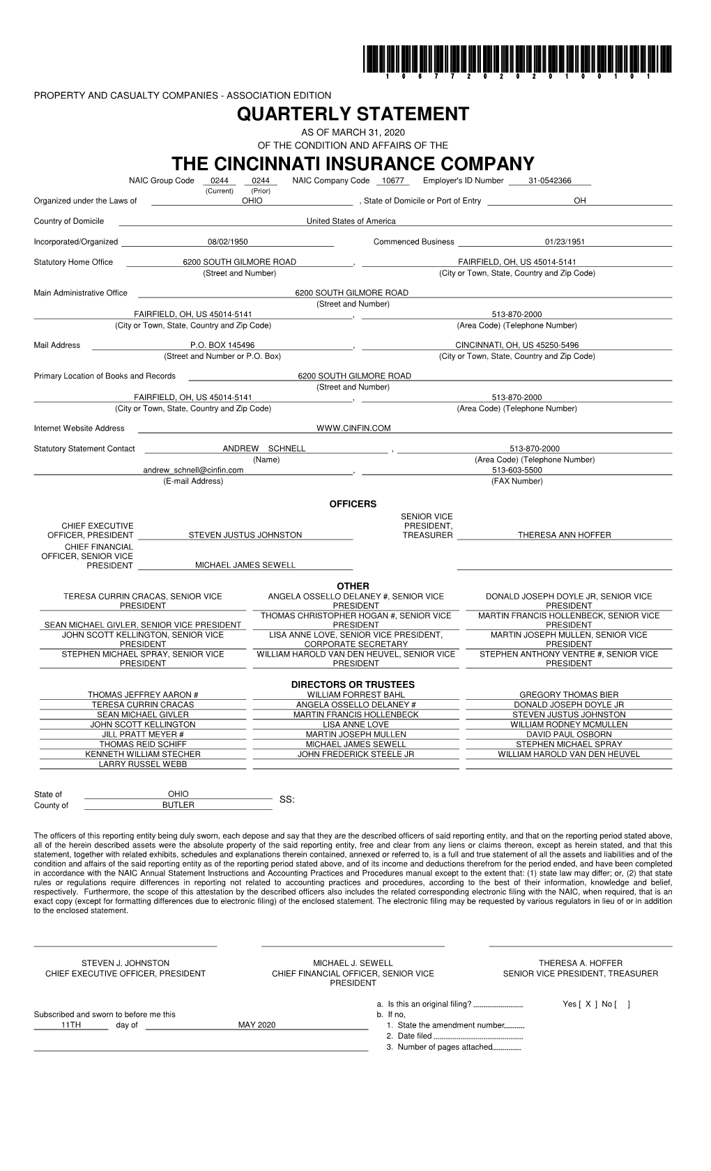 10677 the CINCINNATI INSURANCE COMPANY Original Filing Quarter