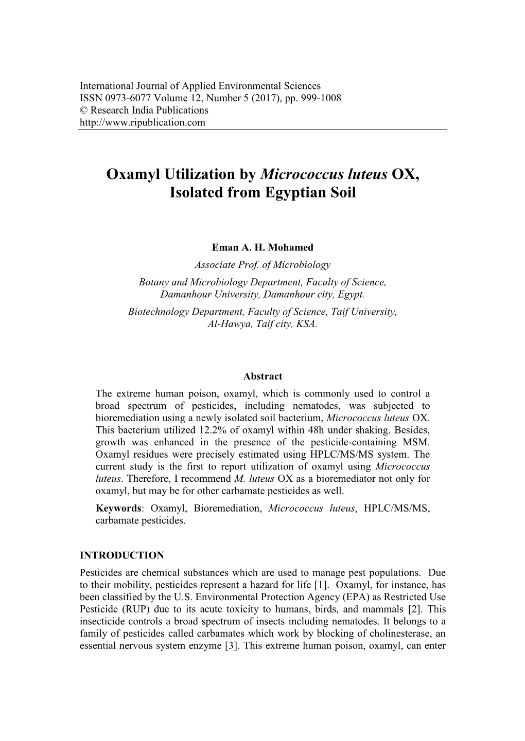 Oxamyl Utilization by Micrococcus Luteus OX, Isolated from Egyptian Soil