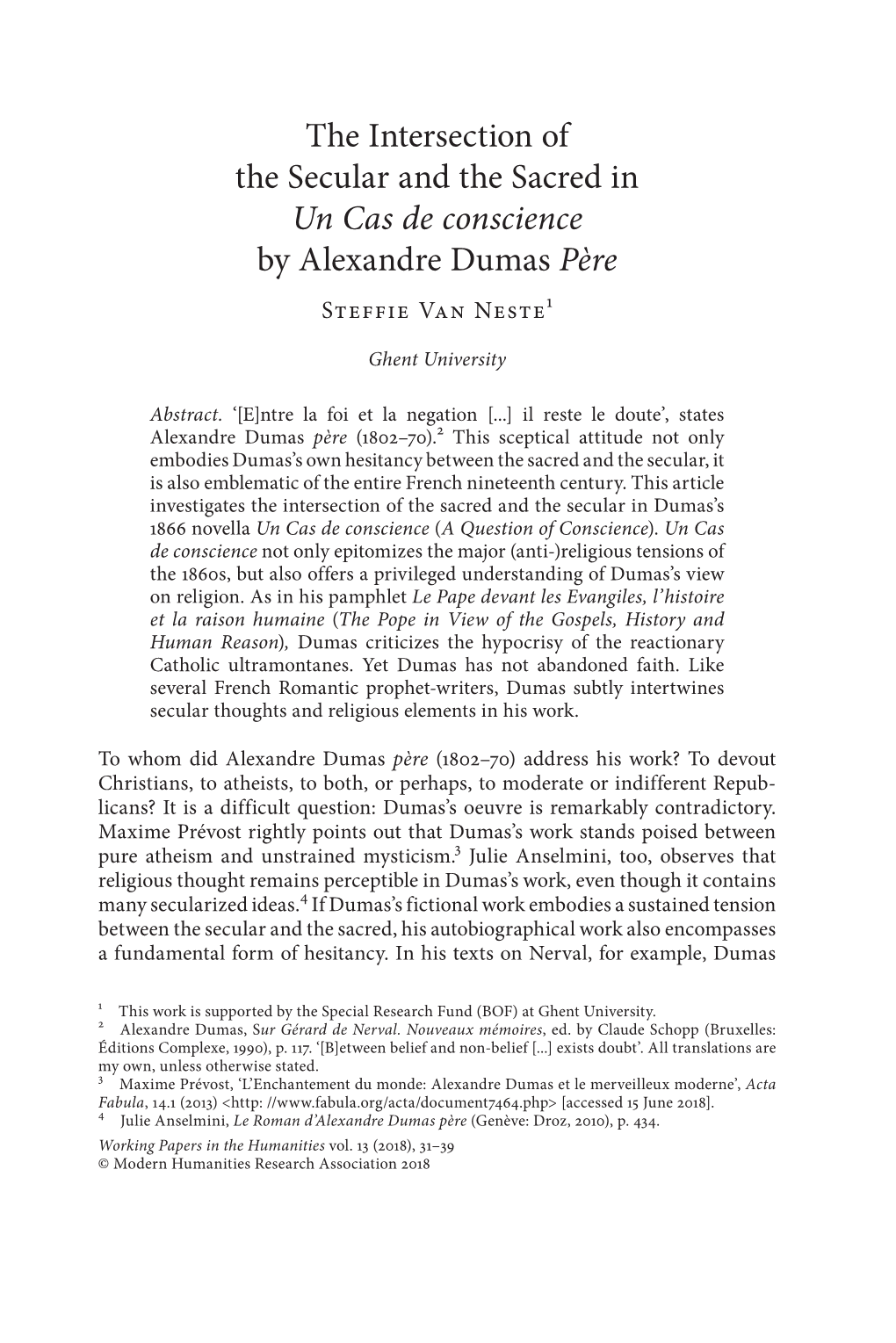 The Intersection of the Secular and the Sacred in Un Cas De Conscience by Alexandre Dumas Père Steffie Van Neste1