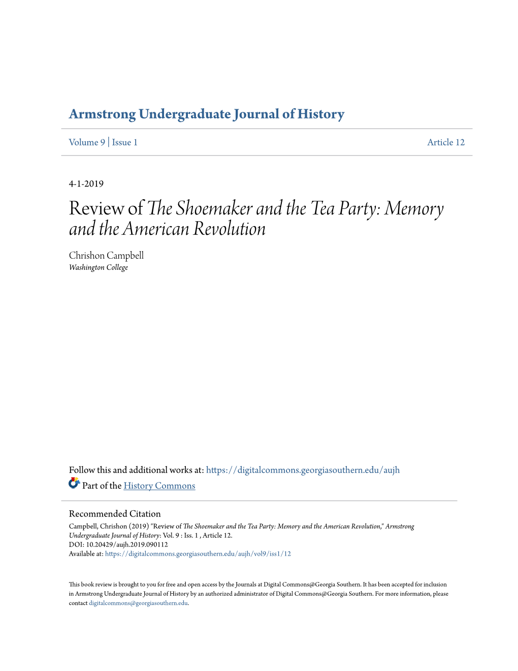 Review of the Shoemaker and the Tea Party: Memory and the American Revolution Chrishon Campbell Washington College