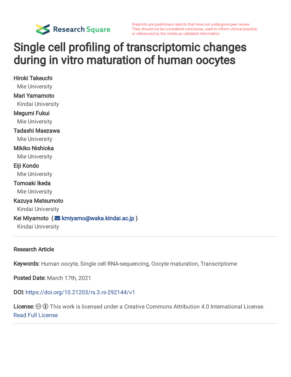Single Cell Profiling of Transcriptomic Changes During in Vitro Maturation 3 of Human Oocytes
