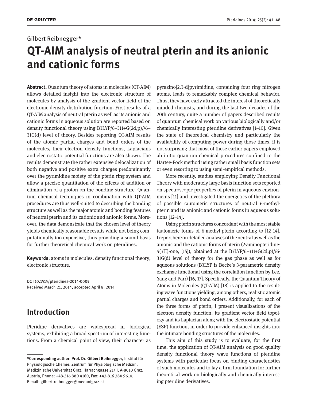 QT-AIM Analysis of Neutral Pterin and Its Anionic and Cationic Forms