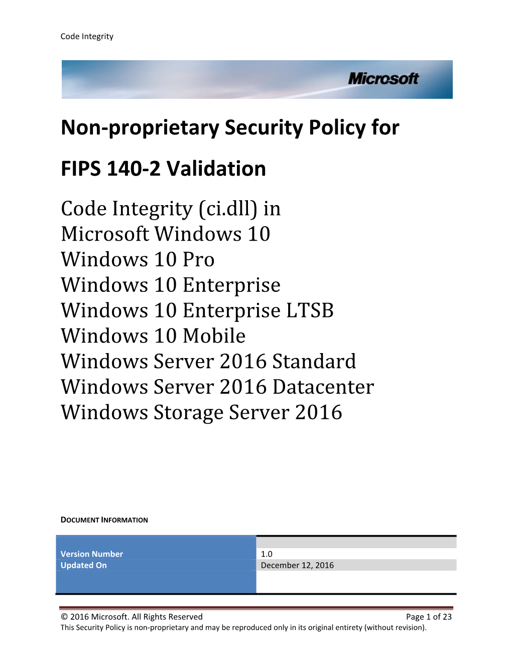 Non-Proprietary Security Policy for FIPS 140-2 Validation
