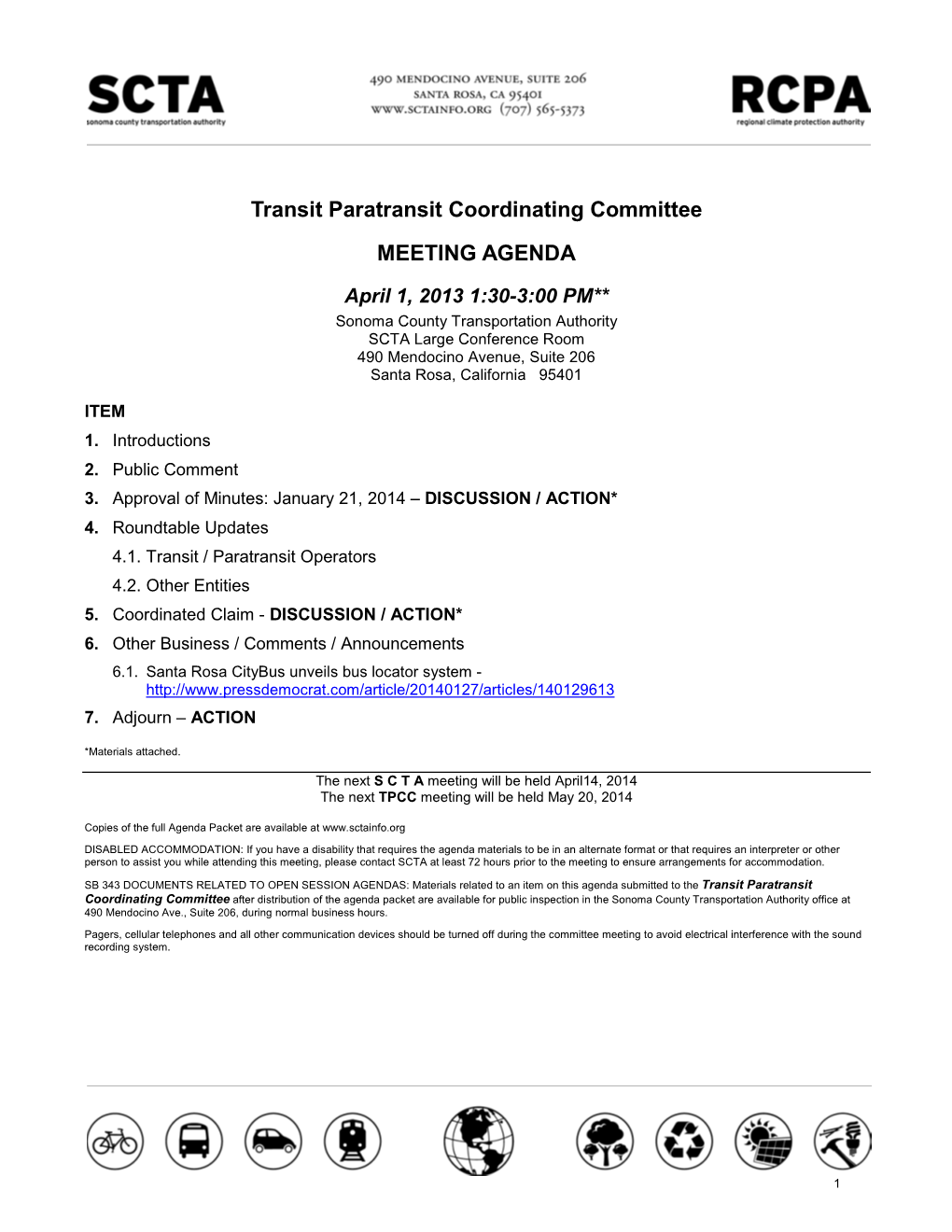Transit-Paratransit Coordinating Committee Meeting Agenda For