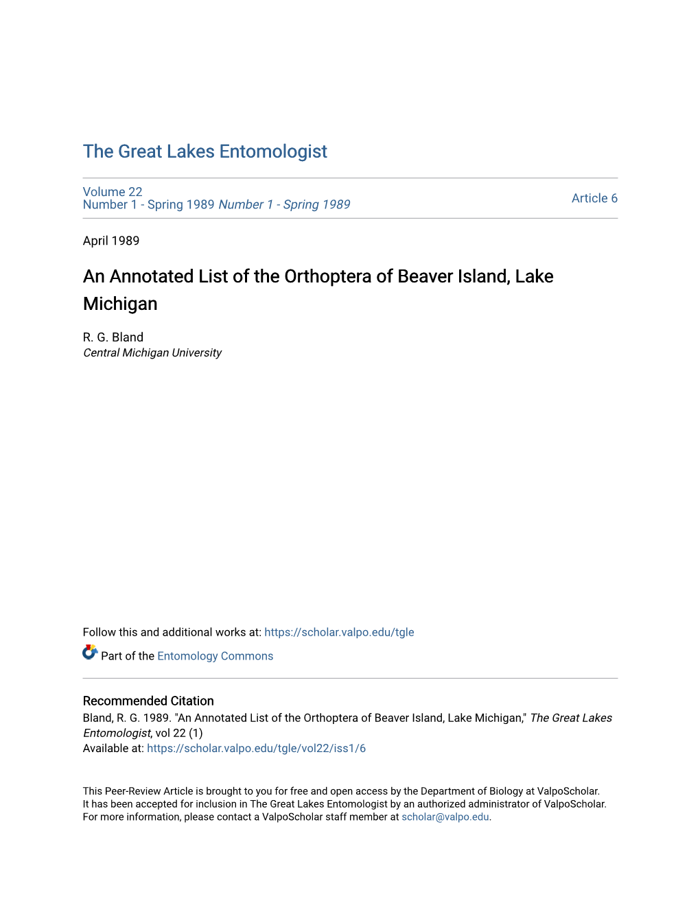 An Annotated List of the Orthoptera of Beaver Island, Lake Michigan