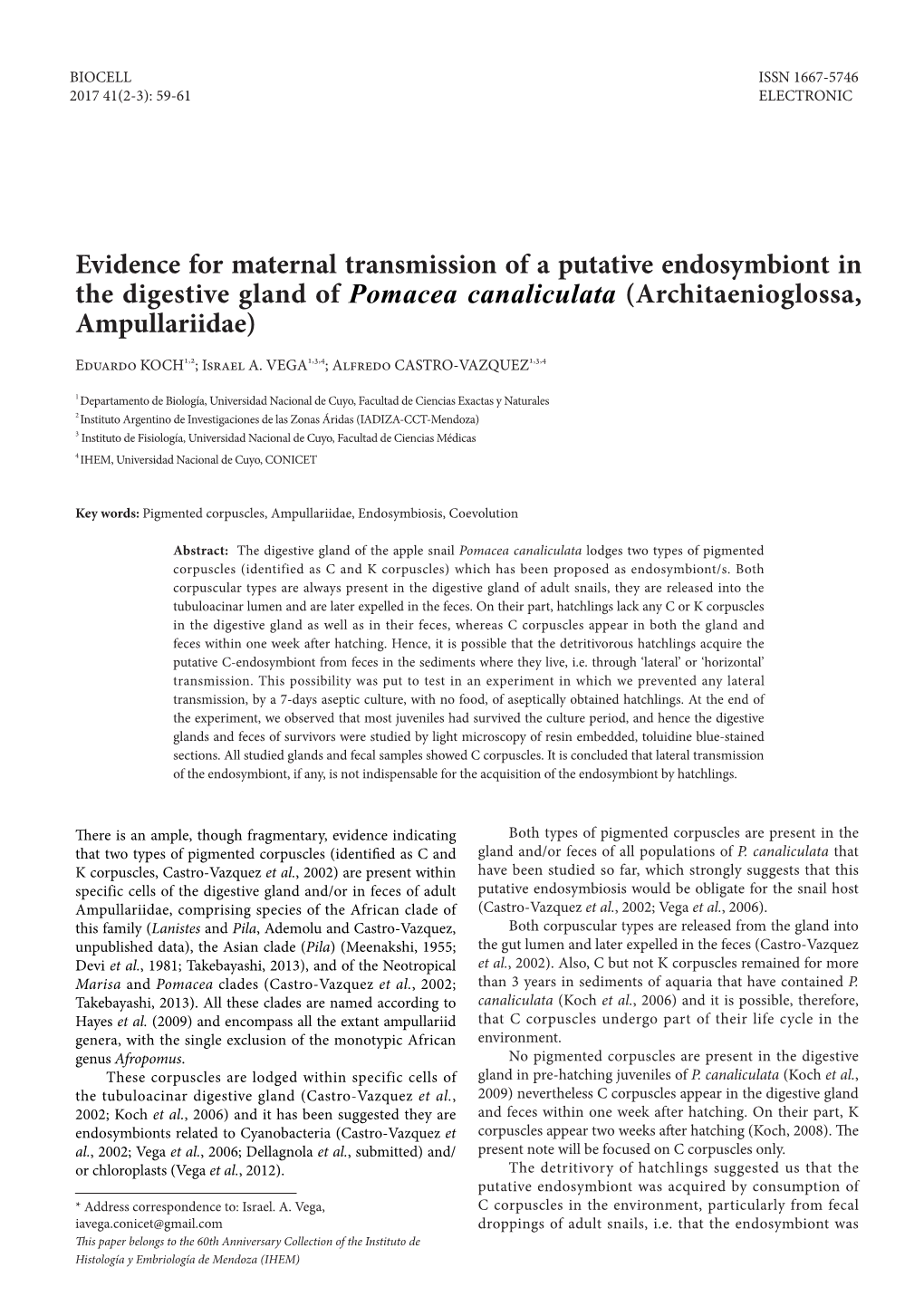 Evidence for Maternal Transmission of a Putative Endosymbiont in the Digestive Gland of Pomacea Canaliculata (Architaenioglossa, Ampullariidae)