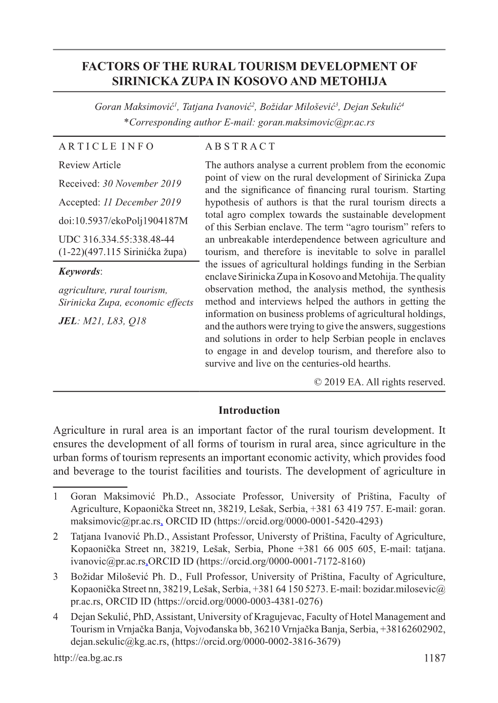 Factors of the Rural Tourism Development of Sirinicka Zupa in Kosovo and Metohija