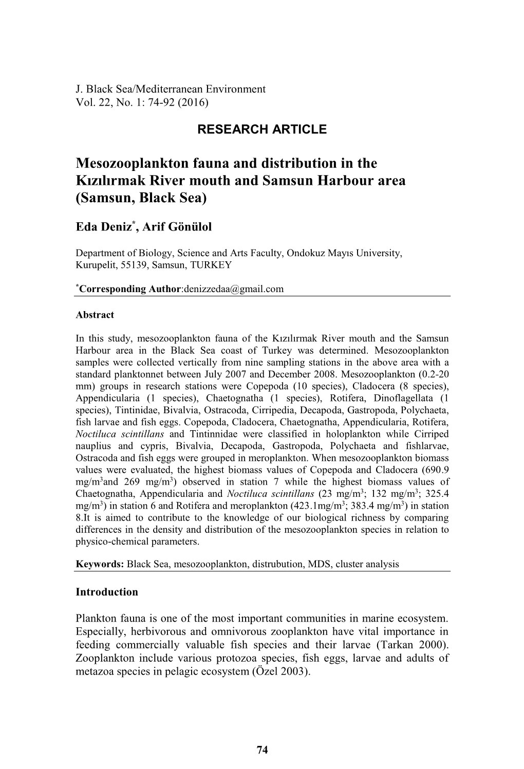 Mesozooplankton Fauna and Distribution in the Kızılırmak River Mouth and Samsun Harbour Area (Samsun, Black Sea)