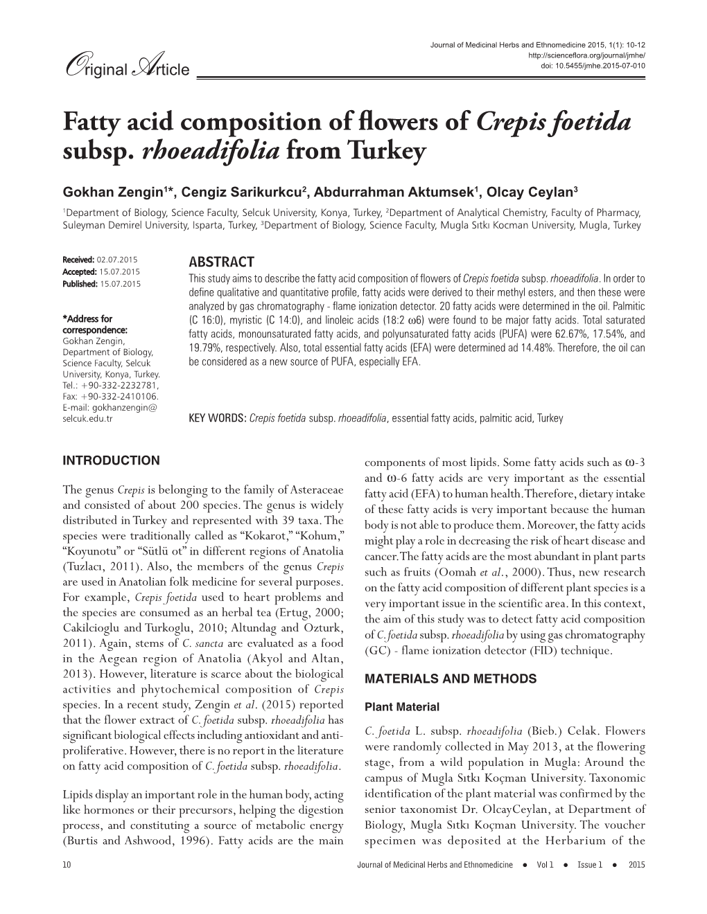 Fatty Acid Composition of Flowers of Crepis Foetida Subsp