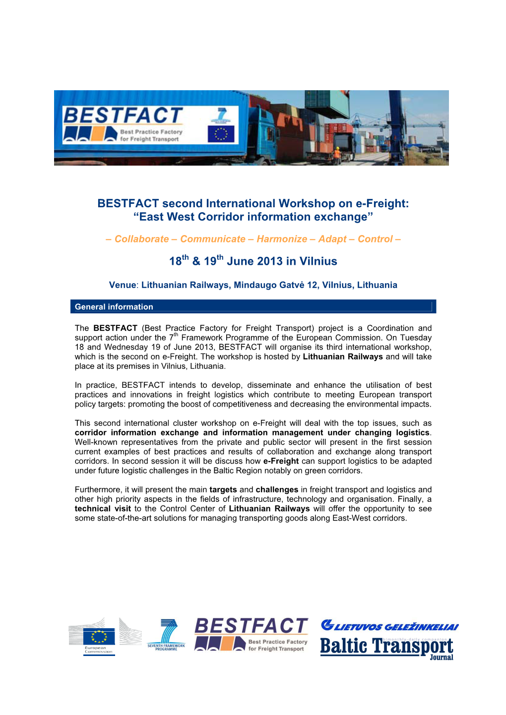 BESTFACT Second International Workshop on E-Freight: “East West Corridor Information Exchange”