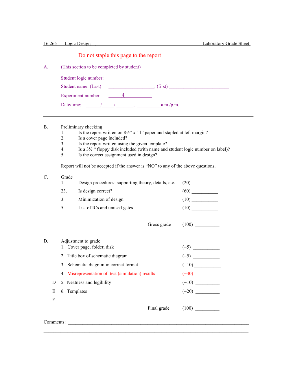 16.265 Logic Design Laboratory Grade Sheet