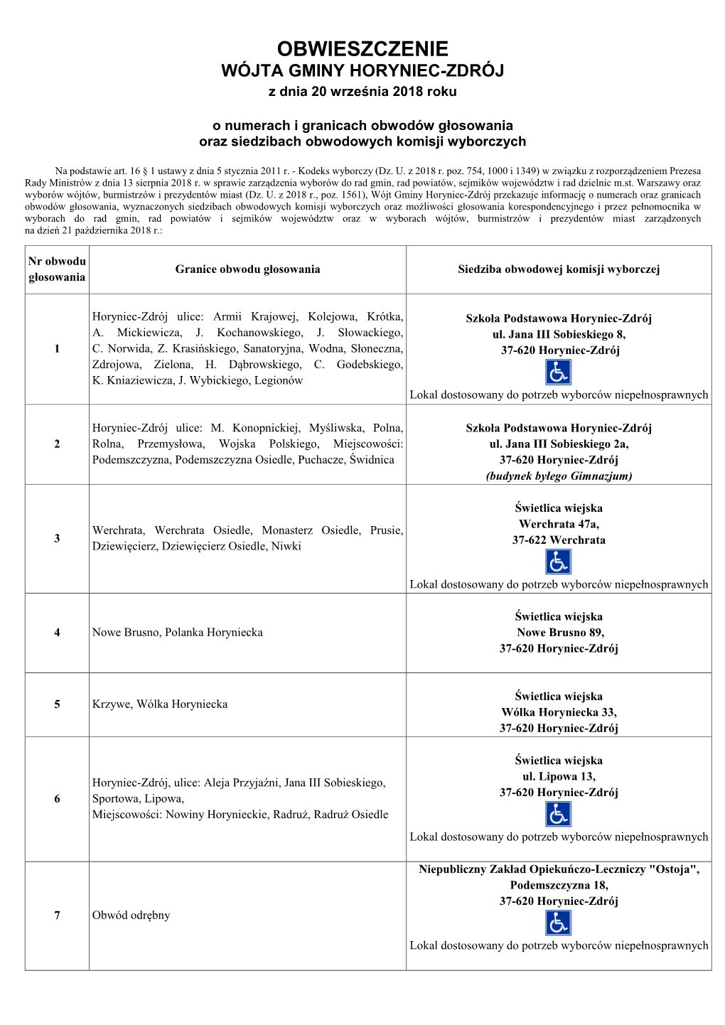 OBWIESZCZENIE WÓJTA GMINY HORYNIEC-ZDRÓJ Z Dnia 20 Września 2018 Roku