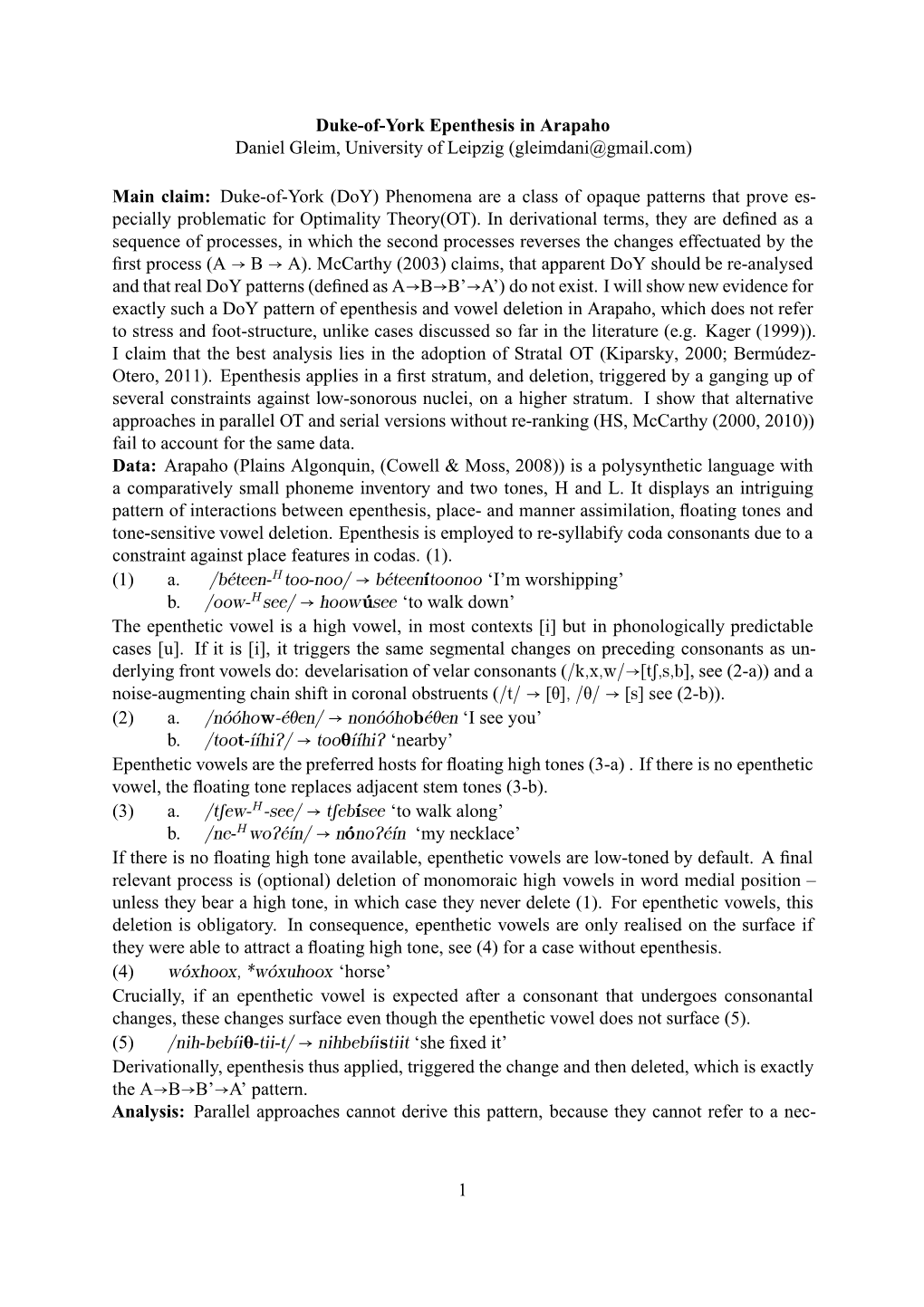 Duke-Of-York Epenthesis in Arapaho Daniel Gleim, University of Leipzig (Gleimdani@Gmail.Com)