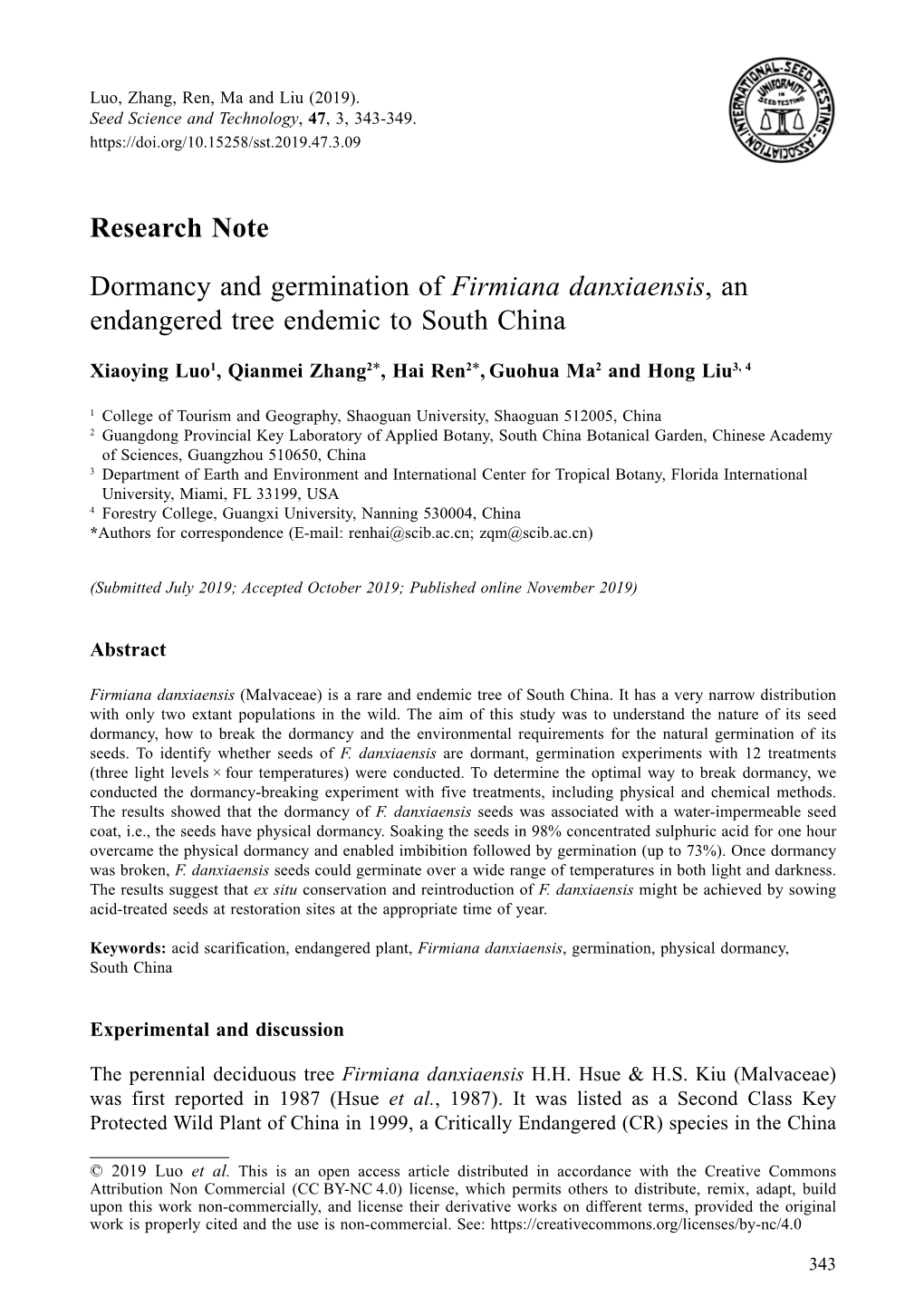 Dormancy and Germination of &lt;I&gt;Firmiana