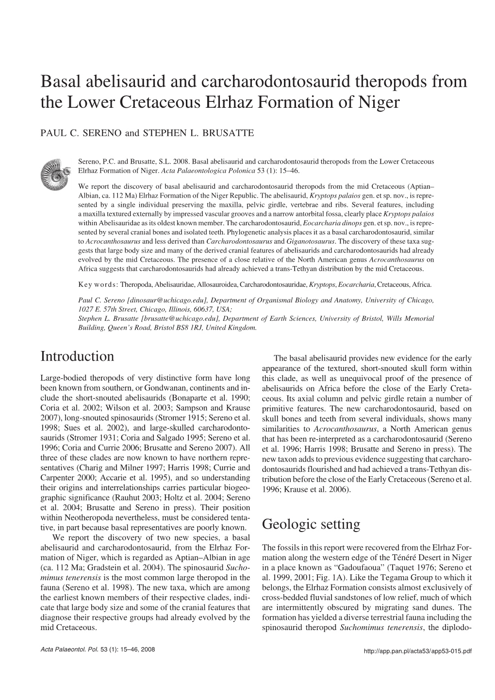 Basal Abelisaurid and Carcharodontosaurid Theropods from the Lower Cretaceous Elrhaz Formation of Niger