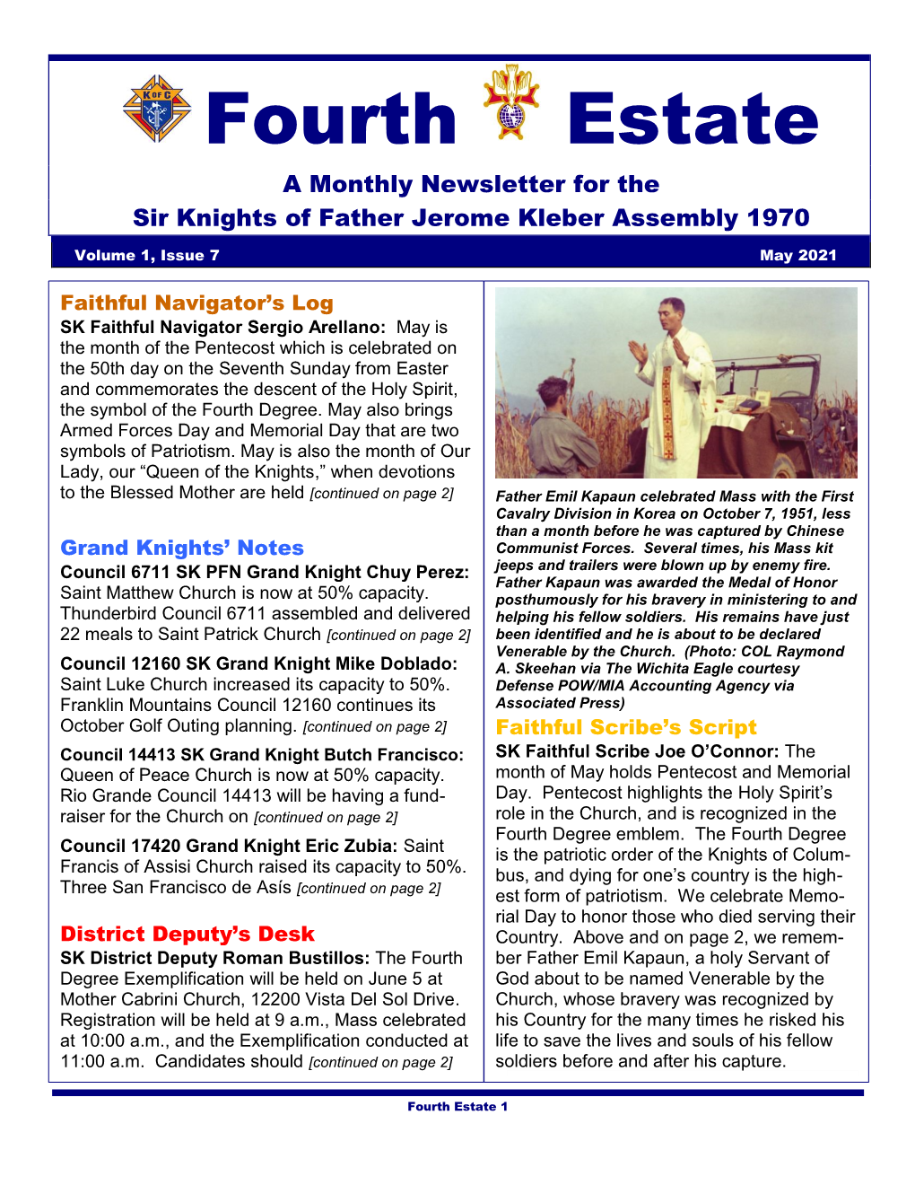 Fourth Estate a Monthly Newsletter for the Sir Knights of Father Jerome Kleber Assembly 1970